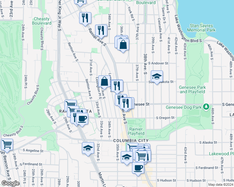 map of restaurants, bars, coffee shops, grocery stores, and more near 4215 Rainier Avenue South in Seattle
