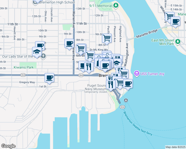 map of restaurants, bars, coffee shops, grocery stores, and more near 646 Burwell Street in Bremerton