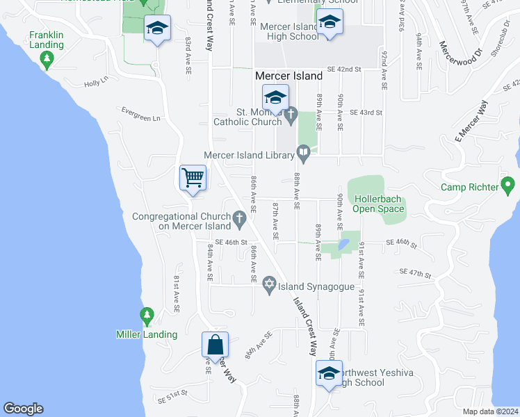 map of restaurants, bars, coffee shops, grocery stores, and more near 4510 86th Avenue Southeast in Mercer Island