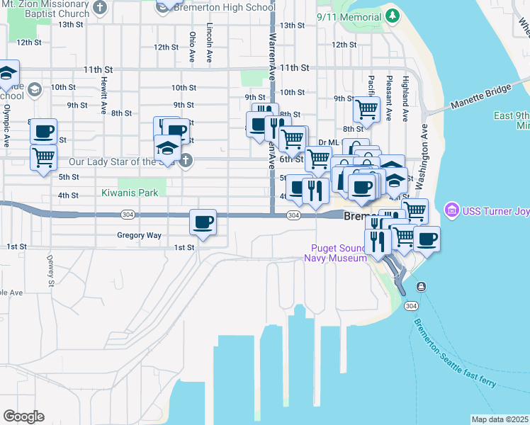 map of restaurants, bars, coffee shops, grocery stores, and more near 1019 Burwell Street in Bremerton