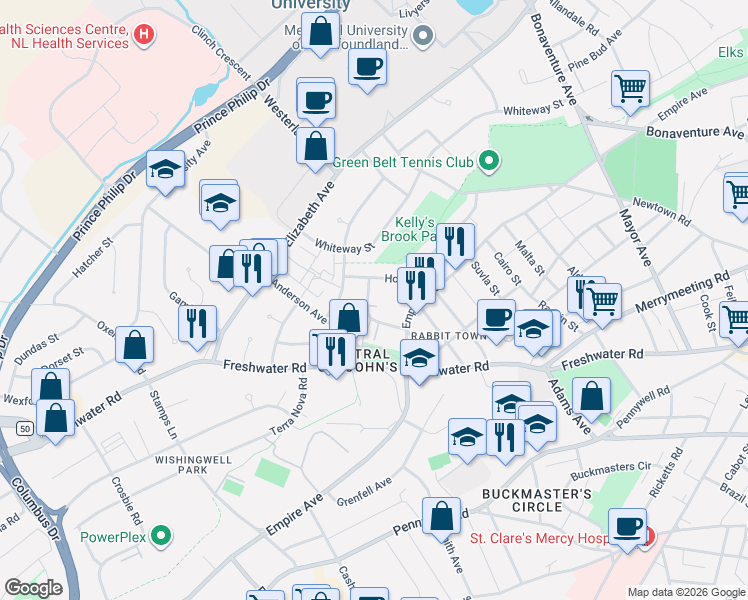 map of restaurants, bars, coffee shops, grocery stores, and more near 34 Graves Street in St. John's