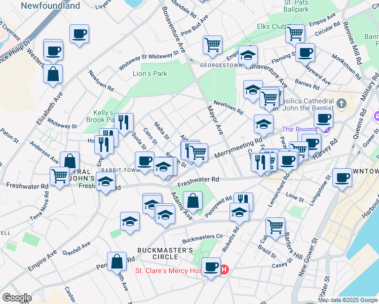 map of restaurants, bars, coffee shops, grocery stores, and more near 12 McNeil Street in St. John's