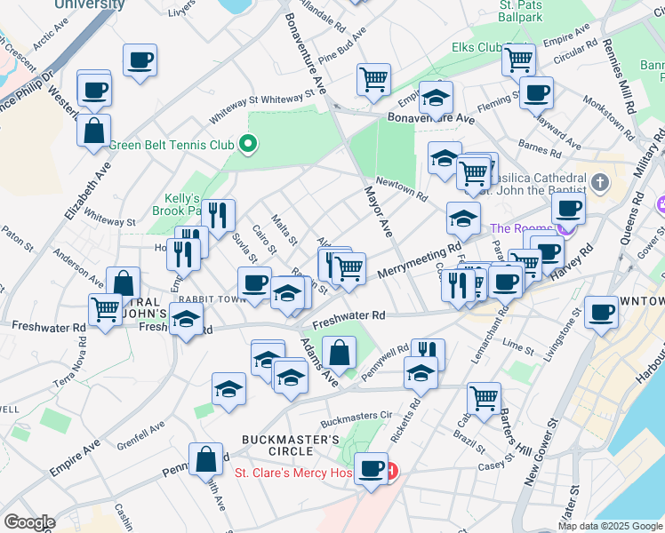 map of restaurants, bars, coffee shops, grocery stores, and more near 14 McNeil Street in St. John's
