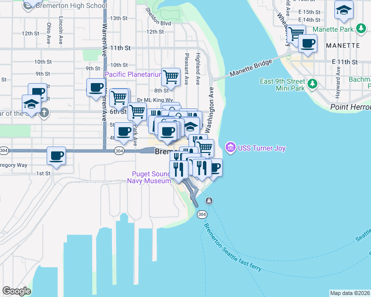 map of restaurants, bars, coffee shops, grocery stores, and more near 256 Burwell Street in Bremerton