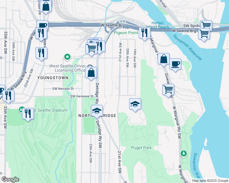 map of restaurants, bars, coffee shops, grocery stores, and more near 4150 22nd Avenue Southwest in Seattle