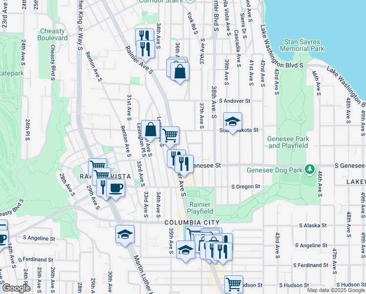 map of restaurants, bars, coffee shops, grocery stores, and more near 4208 Rainier Avenue South in Seattle