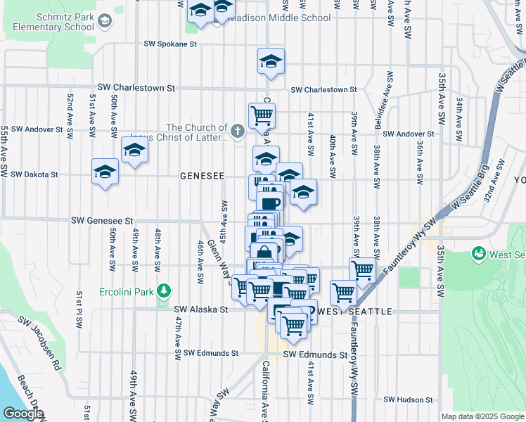 map of restaurants, bars, coffee shops, grocery stores, and more near 4154 California Avenue Southwest in Seattle