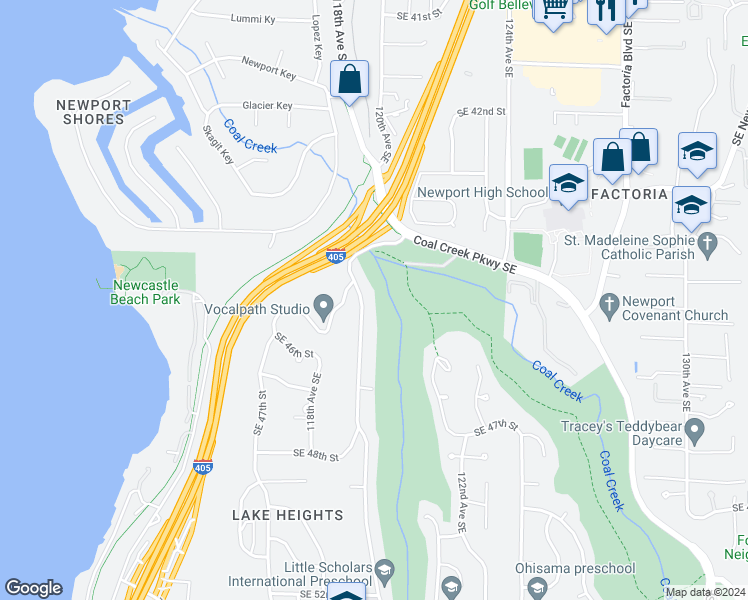 map of restaurants, bars, coffee shops, grocery stores, and more near 4505 119th Avenue Southeast in Bellevue