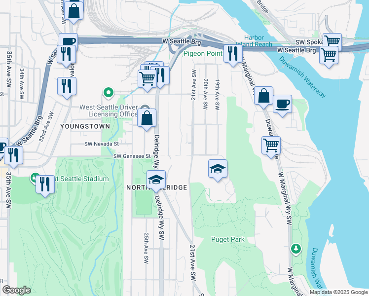 map of restaurants, bars, coffee shops, grocery stores, and more near 4150 22nd Avenue Southwest in Seattle