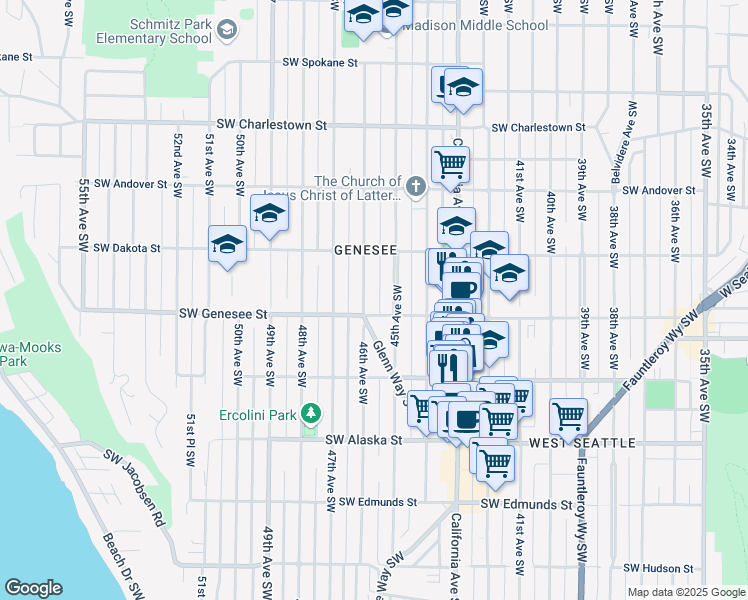 map of restaurants, bars, coffee shops, grocery stores, and more near 4153 46th Avenue Southwest in Seattle