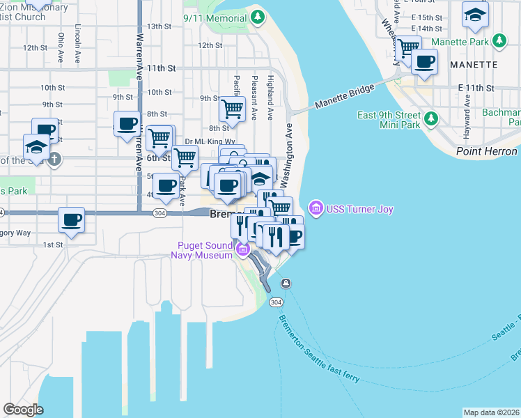 map of restaurants, bars, coffee shops, grocery stores, and more near 212 Burwell Street in Bremerton