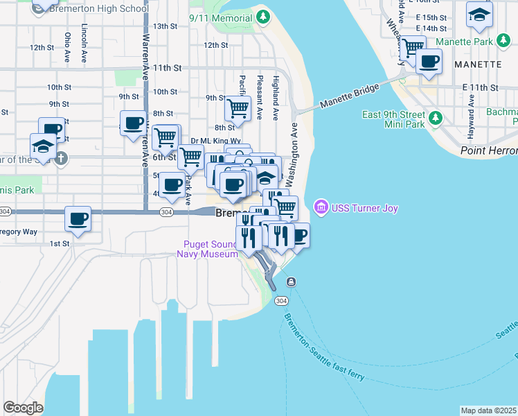 map of restaurants, bars, coffee shops, grocery stores, and more near 509 4th Street in Bremerton