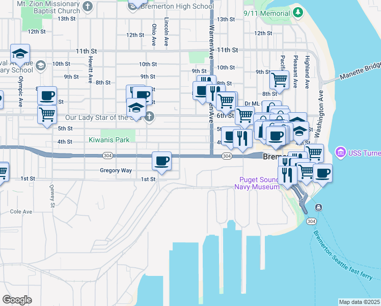 map of restaurants, bars, coffee shops, grocery stores, and more near 1019 Burwell Street in Bremerton