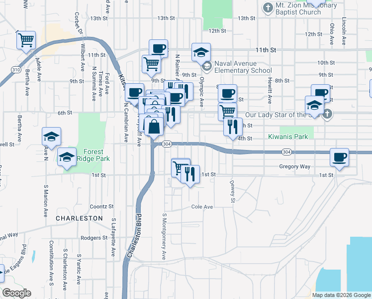 map of restaurants, bars, coffee shops, grocery stores, and more near 132 North Rainier Avenue in Bremerton