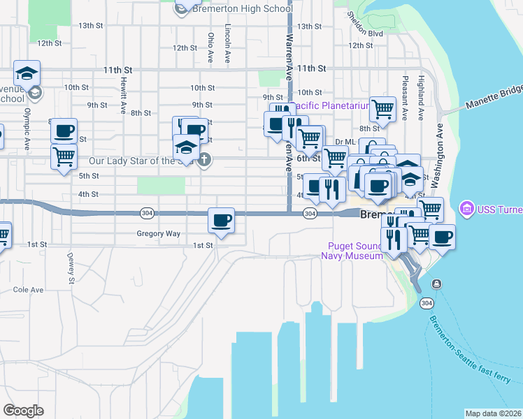 map of restaurants, bars, coffee shops, grocery stores, and more near 1032 Burwell Street in Bremerton