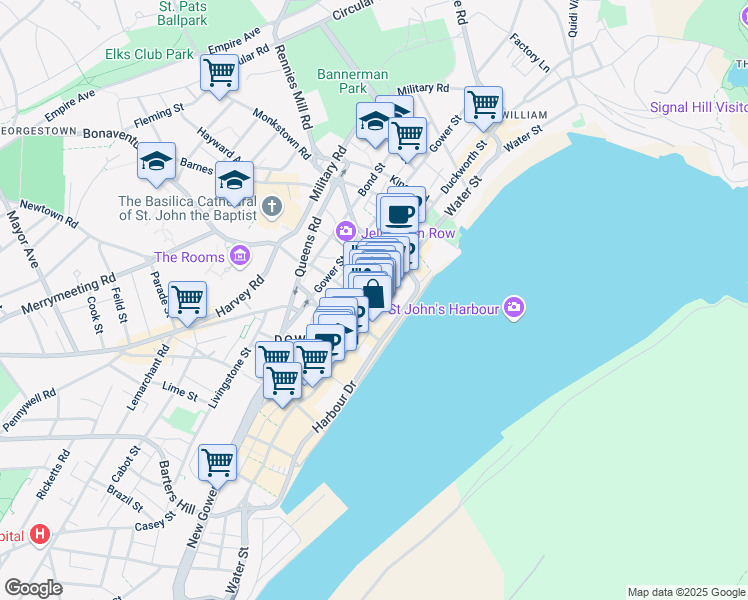 map of restaurants, bars, coffee shops, grocery stores, and more near 168 Water Street in St. John's