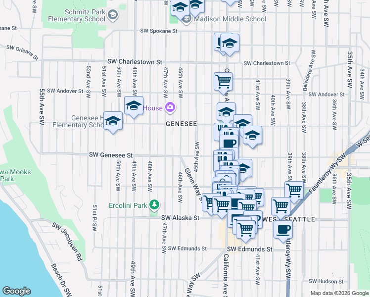 map of restaurants, bars, coffee shops, grocery stores, and more near 4153 46th Avenue Southwest in Seattle