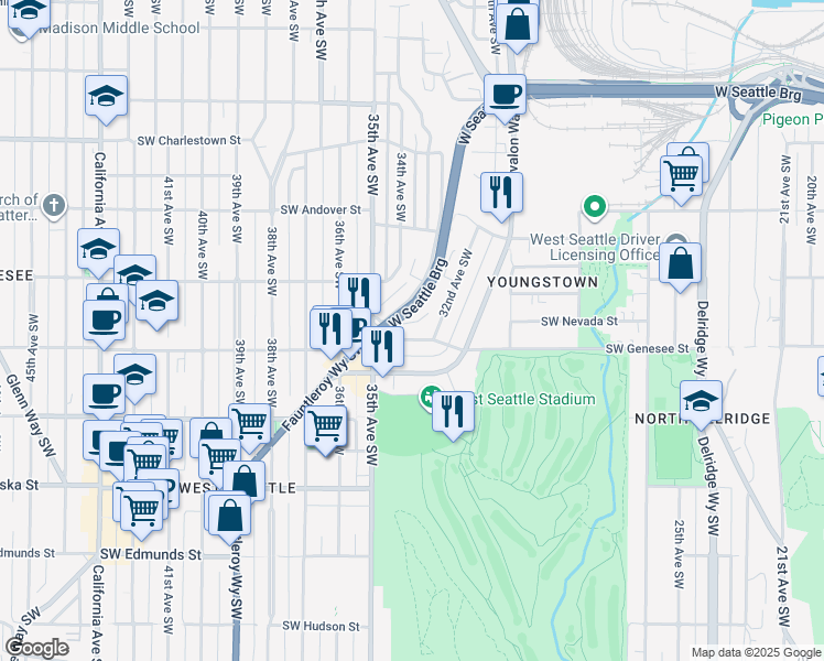 map of restaurants, bars, coffee shops, grocery stores, and more near 3218 Southwest Genesee Street in Seattle