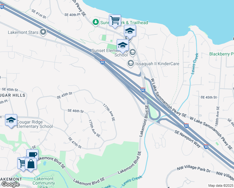 map of restaurants, bars, coffee shops, grocery stores, and more near Southeast Newport Way in Bellevue