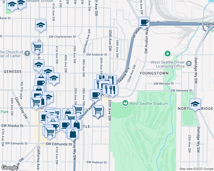 map of restaurants, bars, coffee shops, grocery stores, and more near 4402 35th Avenue Southwest in Seattle