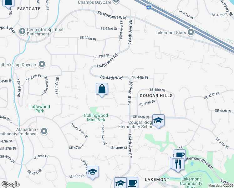 map of restaurants, bars, coffee shops, grocery stores, and more near 16223 Southeast 45th Street in Bellevue
