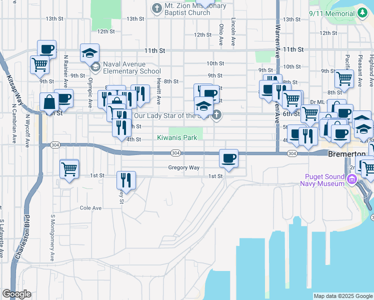 map of restaurants, bars, coffee shops, grocery stores, and more near 1628 Burwell Street in Bremerton