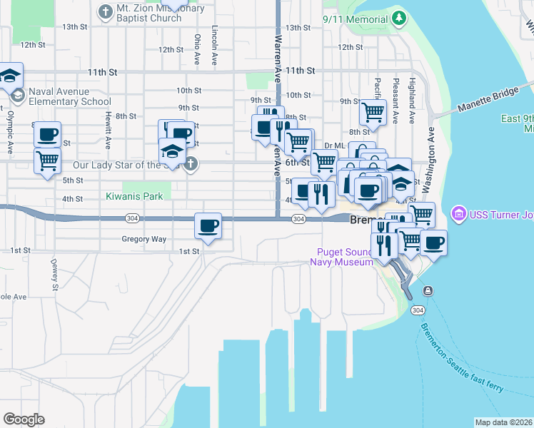 map of restaurants, bars, coffee shops, grocery stores, and more near 1019 Burwell Street in Bremerton
