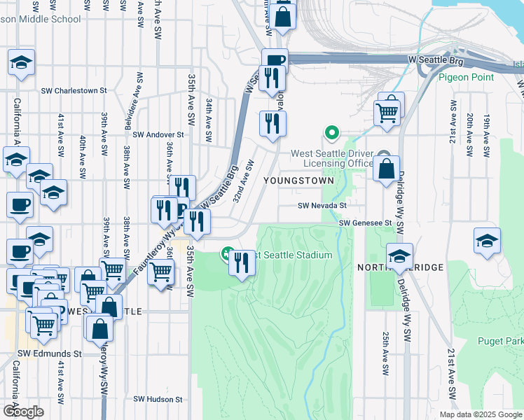 map of restaurants, bars, coffee shops, grocery stores, and more near 3101 Southwest Avalon Way in Seattle