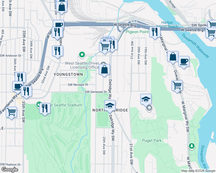 map of restaurants, bars, coffee shops, grocery stores, and more near 4150 25th Avenue Southwest in Seattle