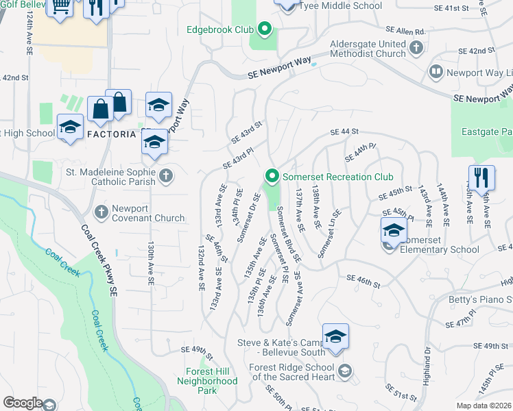 map of restaurants, bars, coffee shops, grocery stores, and more near 4426 Somerset Drive Southeast in Bellevue