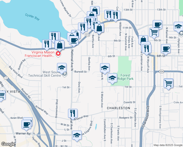 map of restaurants, bars, coffee shops, grocery stores, and more near 3631 Burwell Street in Bremerton