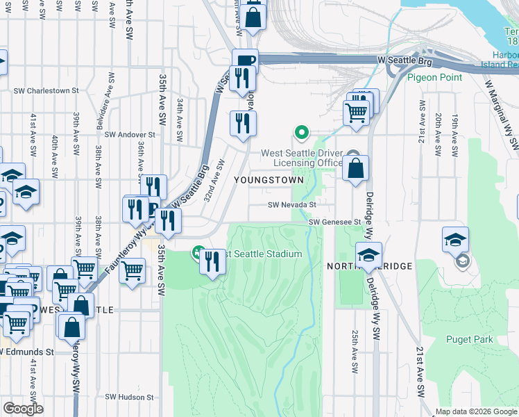 map of restaurants, bars, coffee shops, grocery stores, and more near 2847 Southwest Nevada Street in Seattle