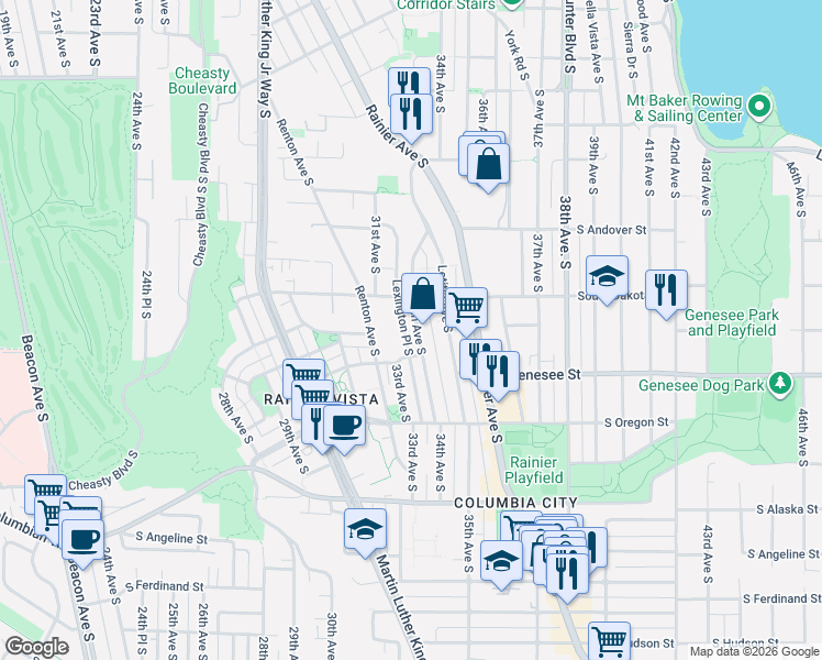 map of restaurants, bars, coffee shops, grocery stores, and more near 4201 34th Avenue South in Seattle