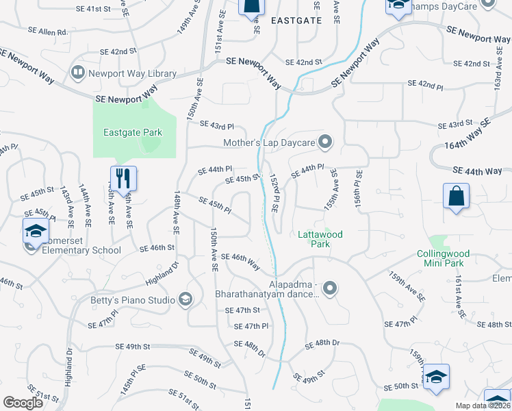 map of restaurants, bars, coffee shops, grocery stores, and more near 4511 152nd Place Southeast in Bellevue