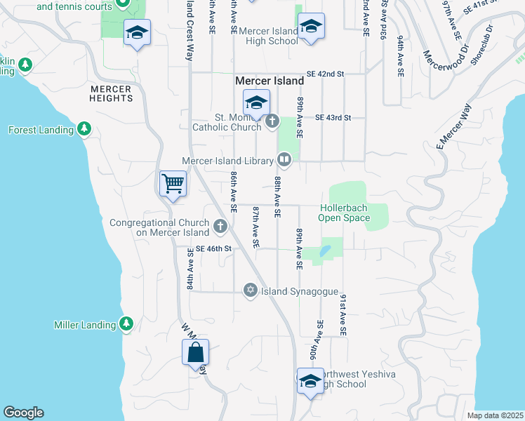 map of restaurants, bars, coffee shops, grocery stores, and more near 4511 87th Avenue Southeast in Mercer Island
