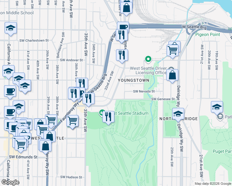 map of restaurants, bars, coffee shops, grocery stores, and more near 3014 Southwest Genesee Street in Seattle