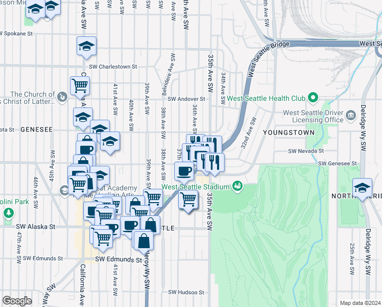 map of restaurants, bars, coffee shops, grocery stores, and more near 4200 36th Avenue Southwest in Seattle