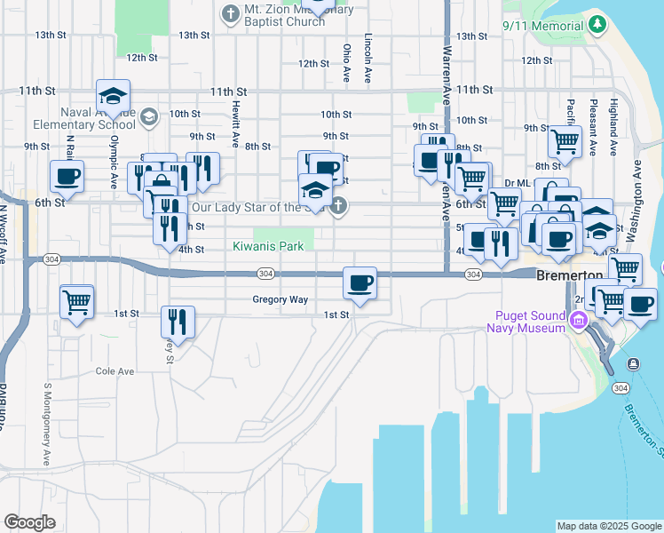 map of restaurants, bars, coffee shops, grocery stores, and more near 1419 Burwell Street in Bremerton