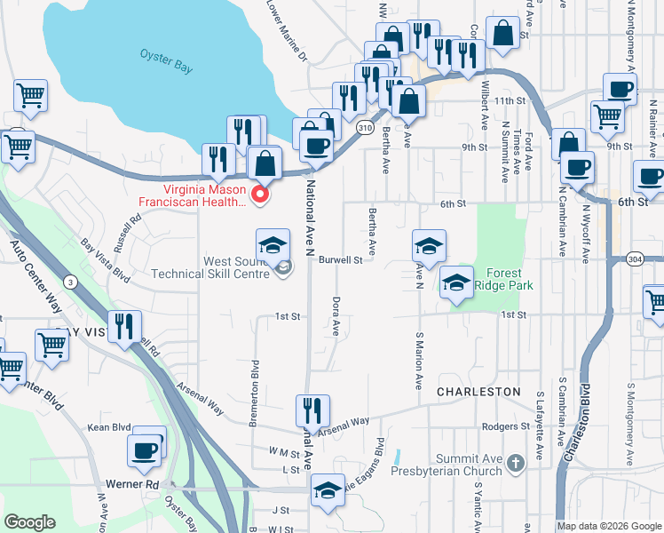map of restaurants, bars, coffee shops, grocery stores, and more near 135 Dora Avenue in Bremerton