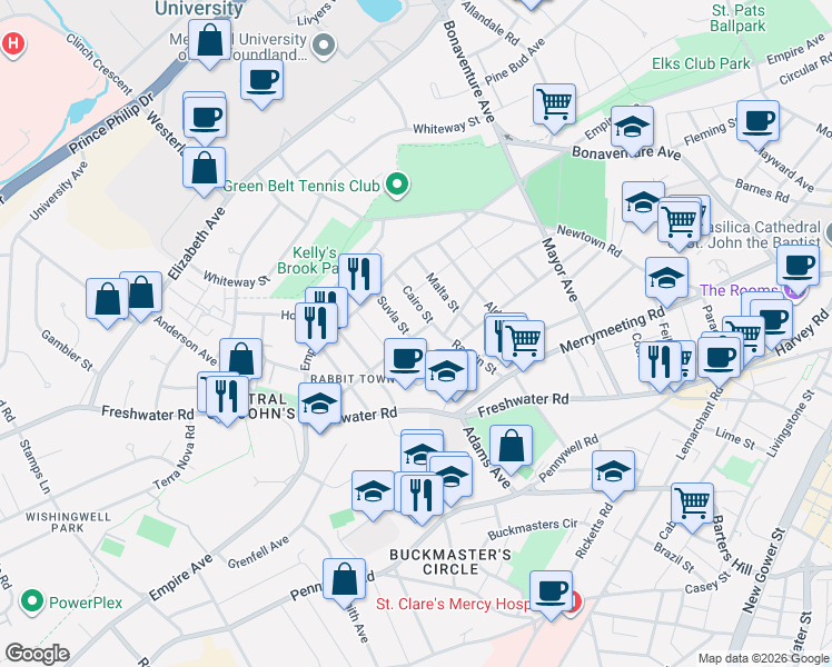 map of restaurants, bars, coffee shops, grocery stores, and more near 24 A Suvla Street in St. John's