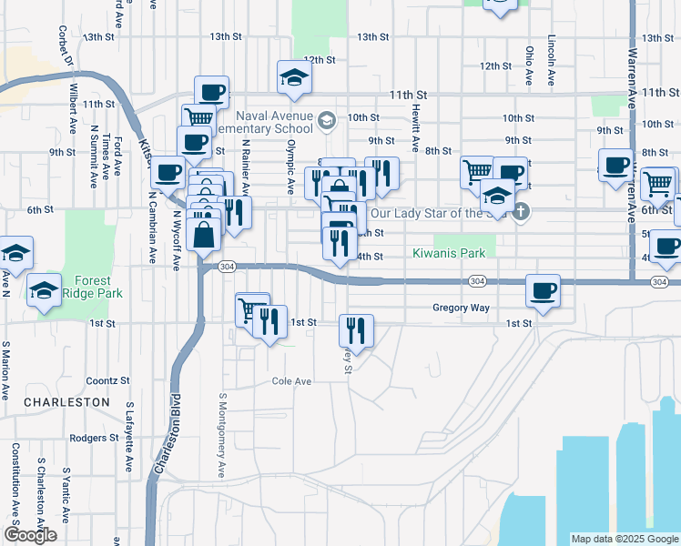 map of restaurants, bars, coffee shops, grocery stores, and more near 1941 Washington 304 in Bremerton