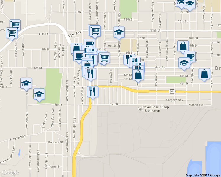 map of restaurants, bars, coffee shops, grocery stores, and more near 132 North Rainier Avenue in Bremerton