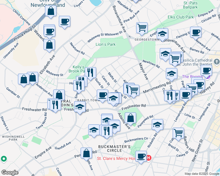 map of restaurants, bars, coffee shops, grocery stores, and more near 5 Cairo Street in St. John's