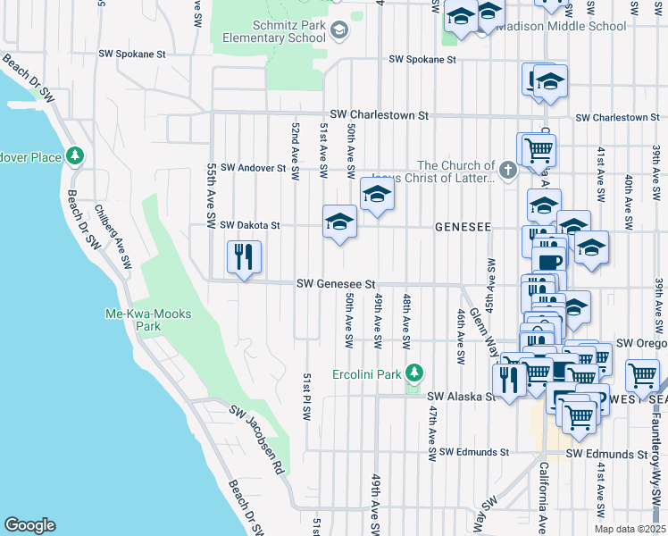 map of restaurants, bars, coffee shops, grocery stores, and more near 5012 Southwest Genesee Street in Seattle