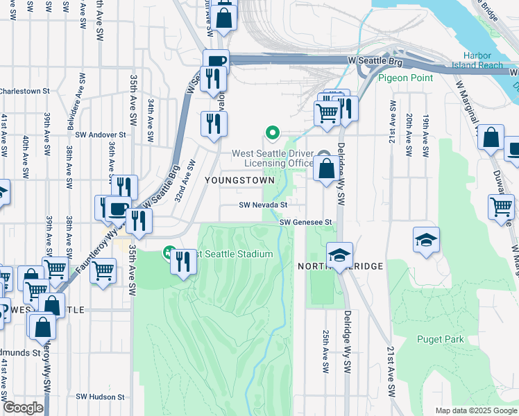 map of restaurants, bars, coffee shops, grocery stores, and more near 2809 Southwest Nevada Street in Seattle