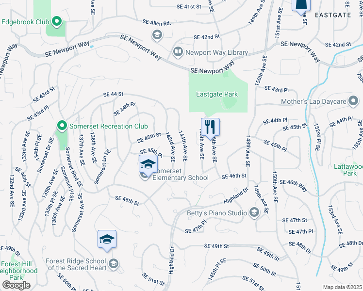map of restaurants, bars, coffee shops, grocery stores, and more near 4505 144th Avenue Southeast in Bellevue