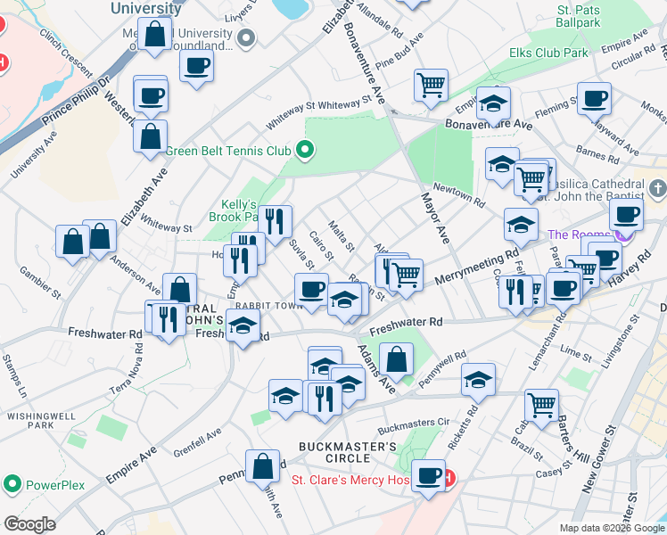 map of restaurants, bars, coffee shops, grocery stores, and more near 5 Cairo Street in St. John's