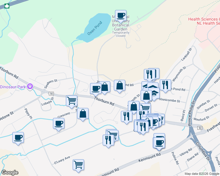 map of restaurants, bars, coffee shops, grocery stores, and more near 153 Cumberland Crescent in St. John's
