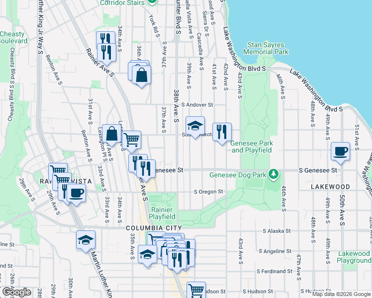 map of restaurants, bars, coffee shops, grocery stores, and more near 4140 38th Avenue South in Seattle