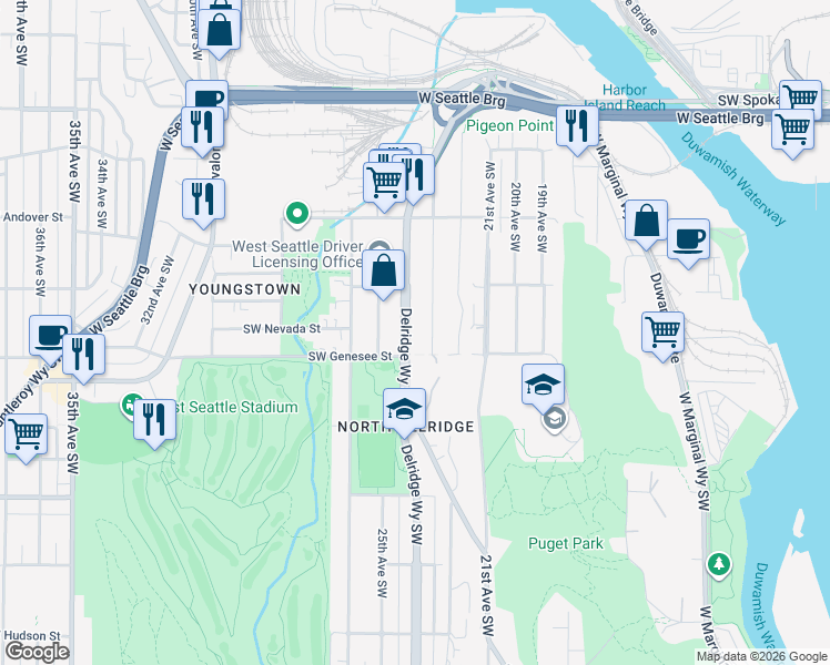 map of restaurants, bars, coffee shops, grocery stores, and more near 4151 23rd Avenue Southwest in Seattle